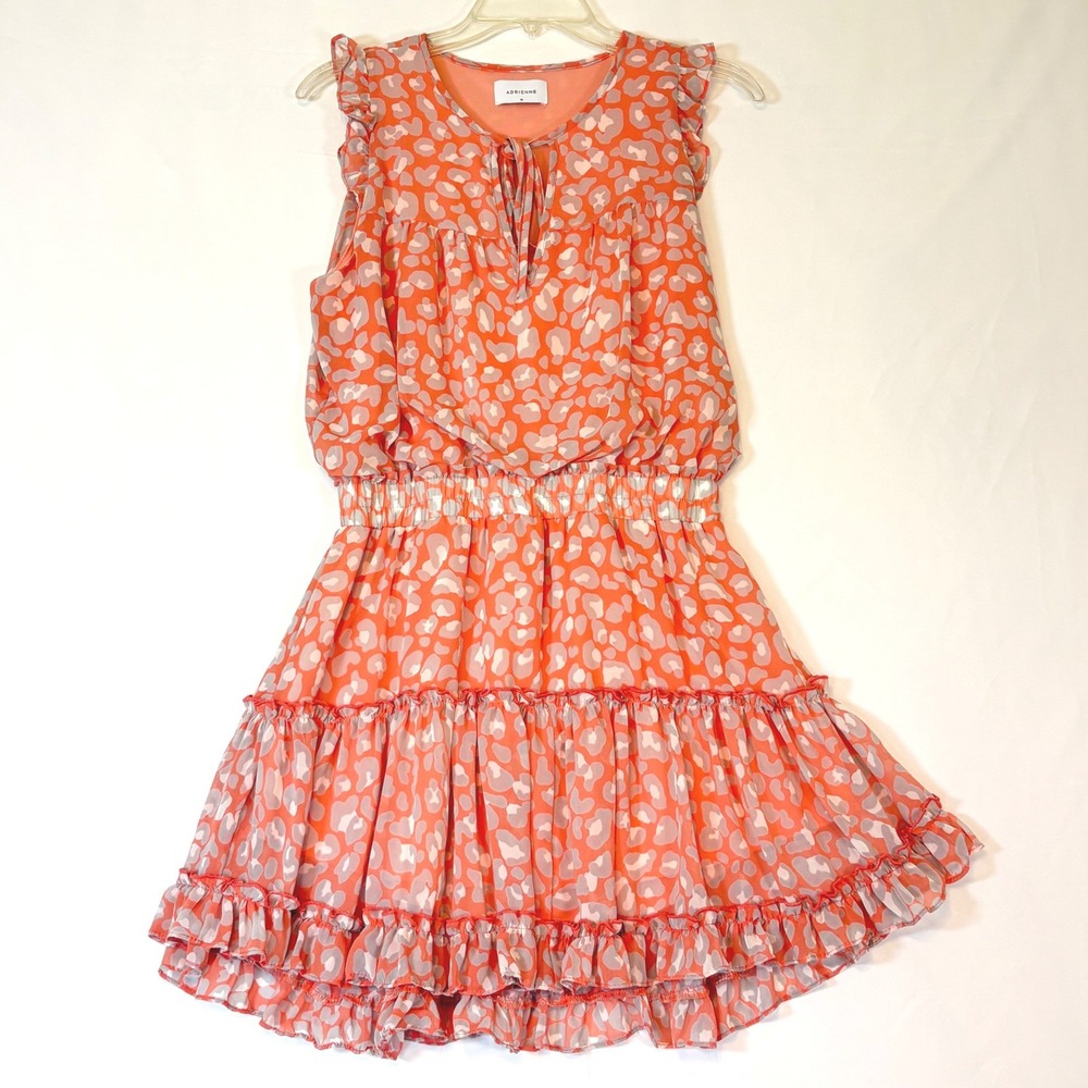 Adrienne Ruffle Hem Dress Coral Print Sleeveless M Lined